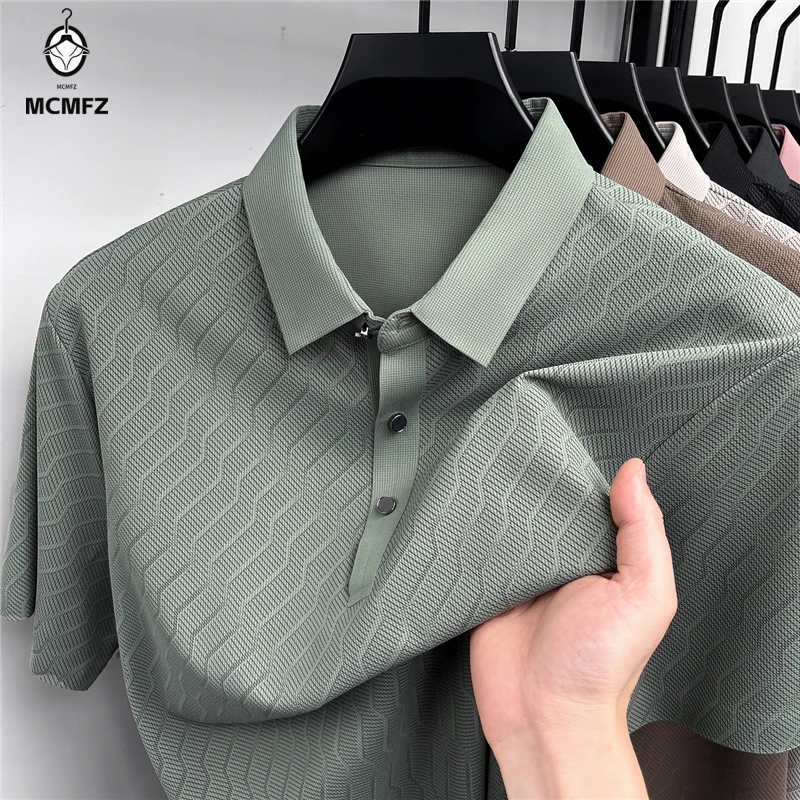 Multi occasion male hollow mesh polo t shirt lapel all over diagonal wave grain breathable thin elastic business outdoor top
