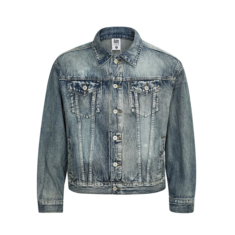 Blue Denim Retro Faded Trucker Jacket Men Women Light Wash Button Up Long Sleeve Casual Jean Coat Flap Pockets Winter Autumn
