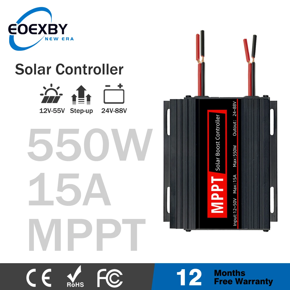 Booster solar controller 15A 550W MPPT 12V~50V input boost 24~88V charging solar charger suitable for lithium, gel, gel, AGM