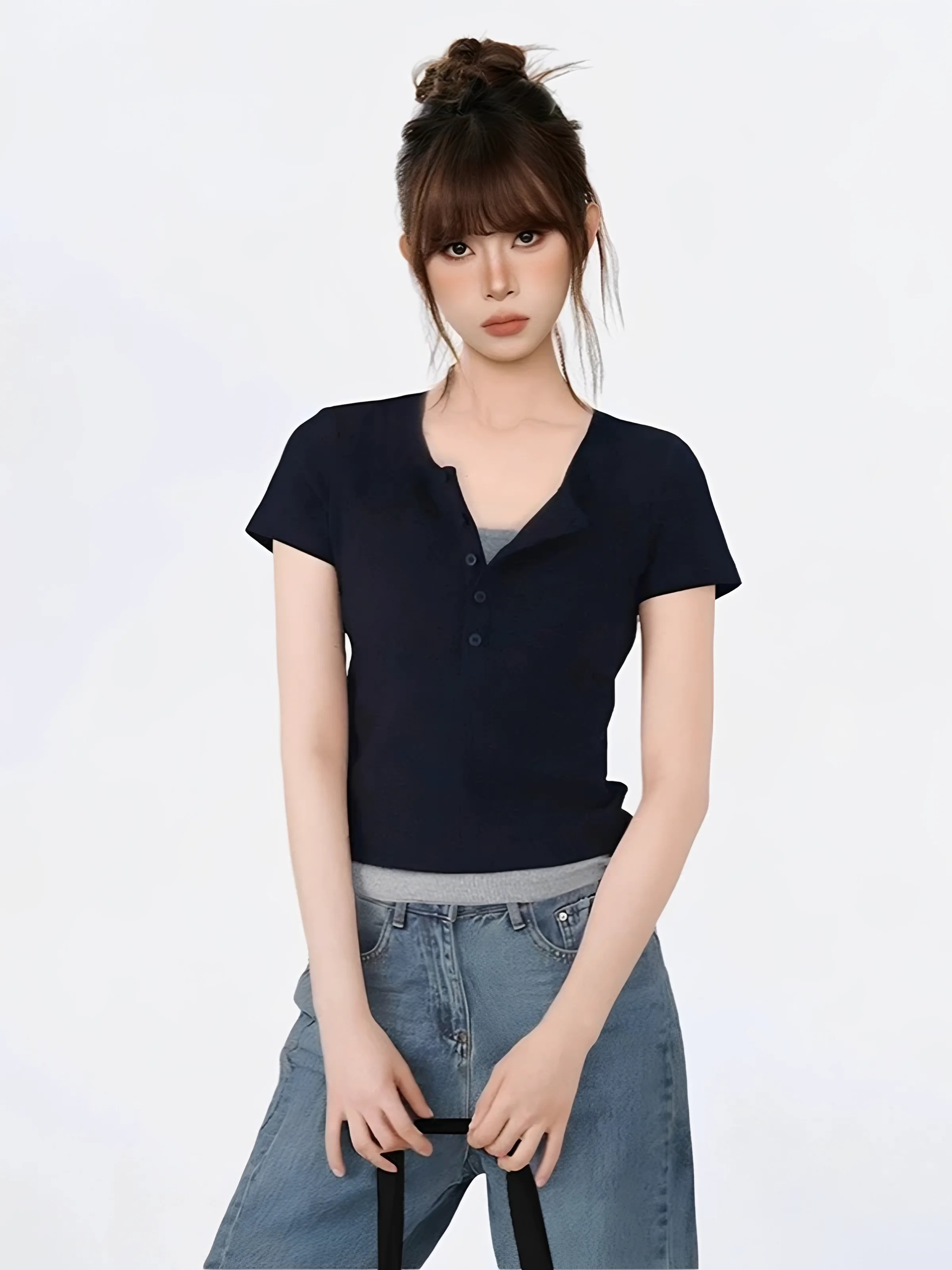Summer Short Sleeve T-Shirt 95 Cotton Henry Collar Women's Fashion Casual  Color Large Size plus Size Versatile Shoulder...