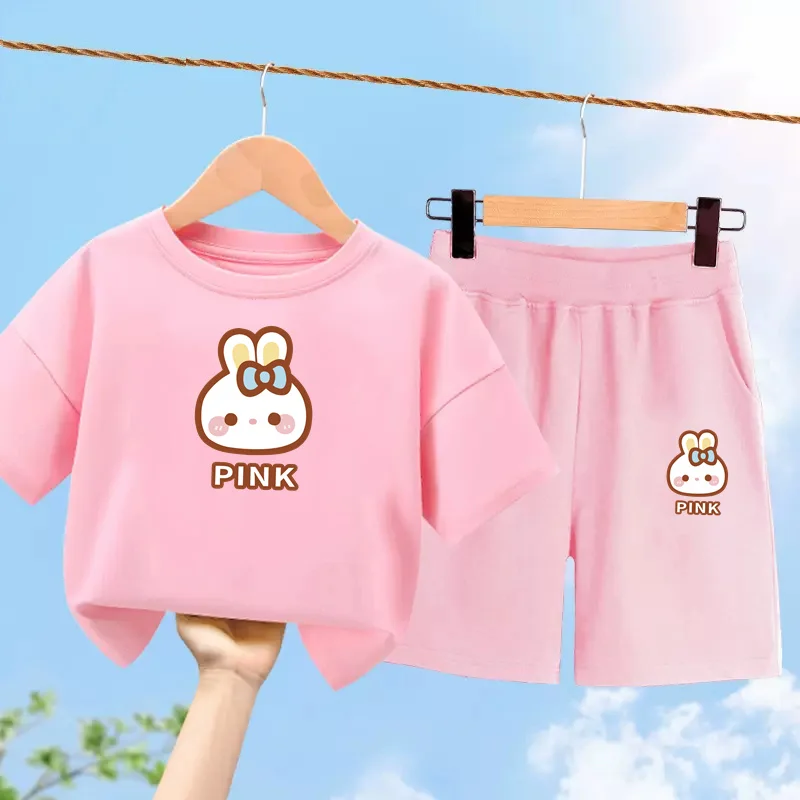 3-14t Mädchen Mode Set rosa Kaninchen Tops Sommer Shorts Kinder Kurzarm Kleidung 2-teilige Anzüge
