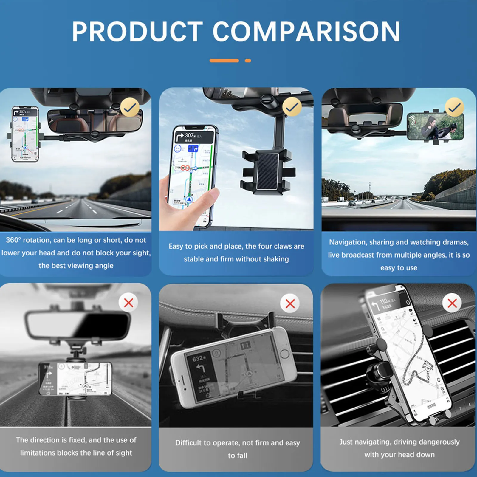 Podofo Rearview Mirror Phone Holder for Car Mount Phone and GPS Holder Universal Rotating Adjustable Telescopic Car Phone Holder