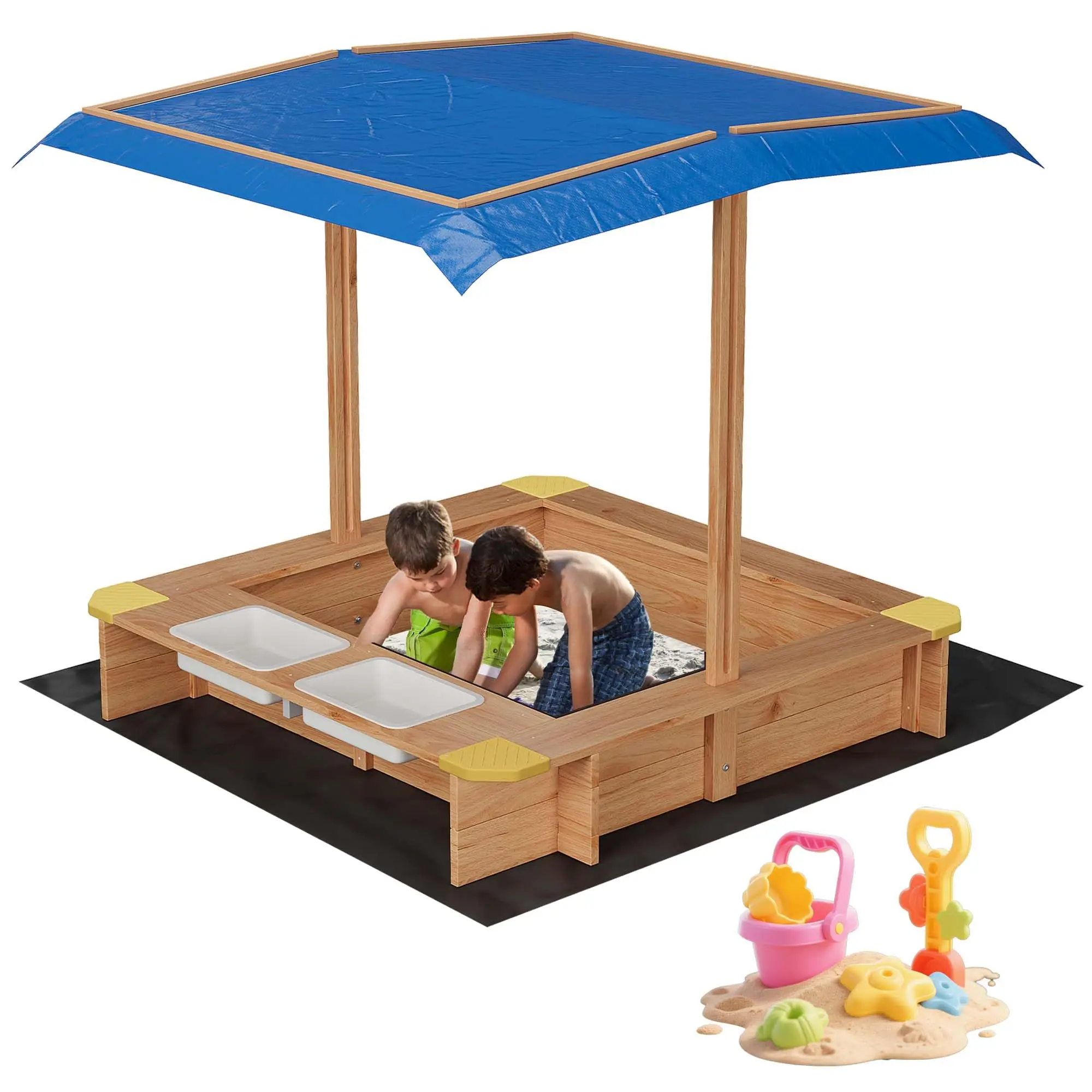 

Kids' Outdoor Wooden Sandbox Large with 2 Plastic Boxes, Sand Box with Adjustable Canopy, Bottom Liner, Spacious Kids Sand Pit