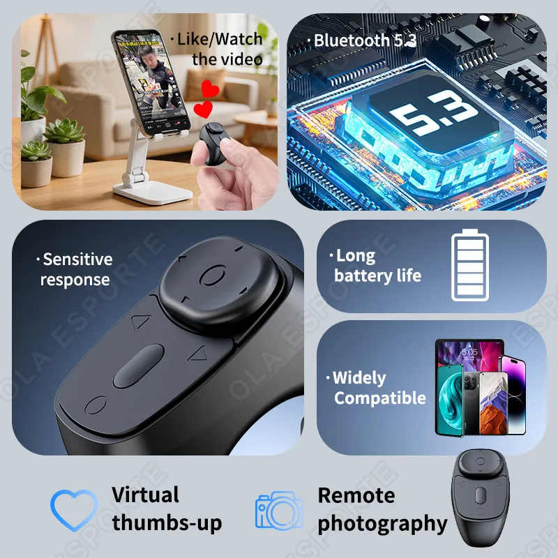 Ring Remote Control Bluetooth Page Turning Ring Roller, Both Camera Shutter, Short Video and Music Remote Control Function Rings