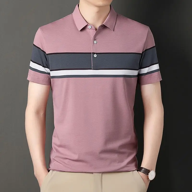 Summer New Fashion Loose Versatile Middle-aged Men Polo Shirt Lapel Button Casual Simple Short Sleeved Ice Thin Striped Top 2024