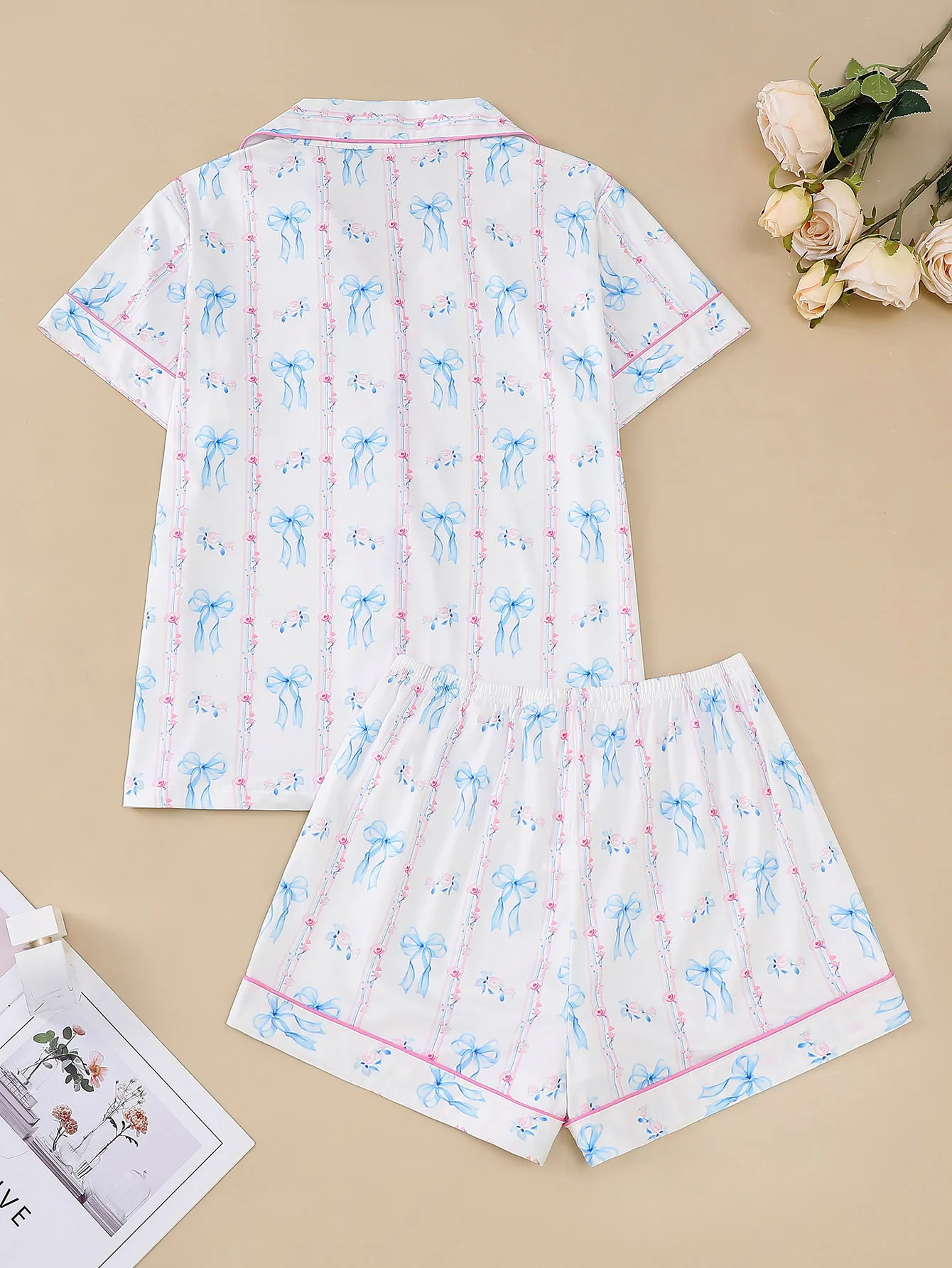 Bow print can be worn on women\'s pajamas lapel button short sleeved tops and loose shorts women\'s home wear