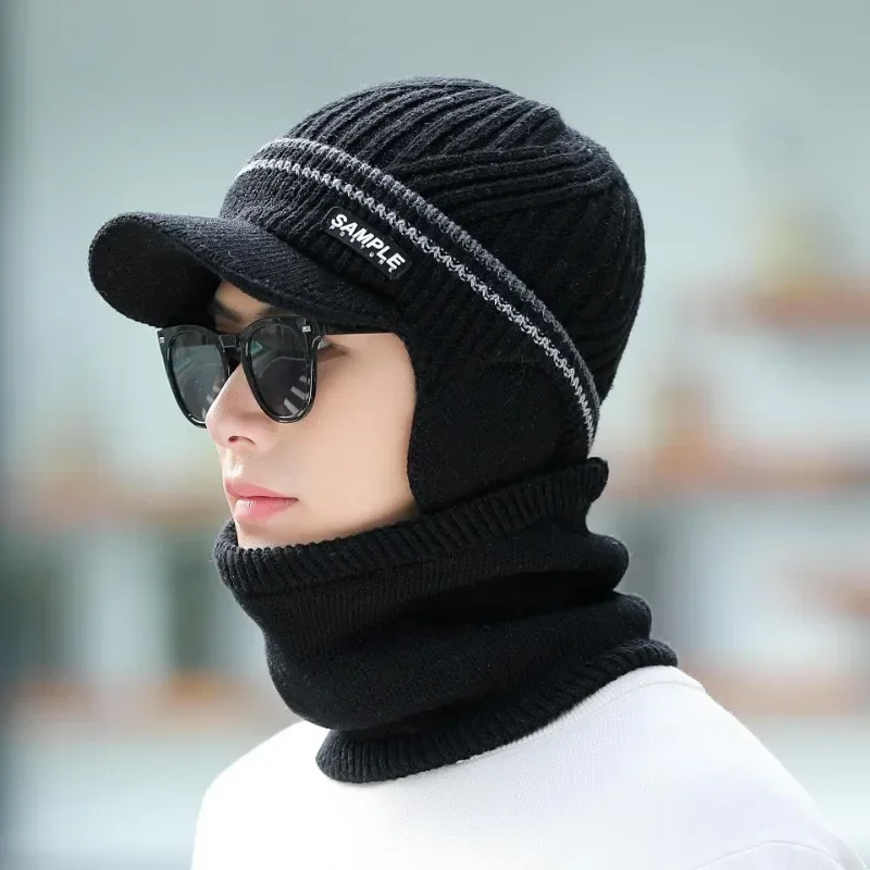 Knitted Visor Winter Hat Thicken Warm Earmuffs Skullies Beanies for Men Women Wool Scarf Caps Cycling Ski Mask Balaclava Bonnet