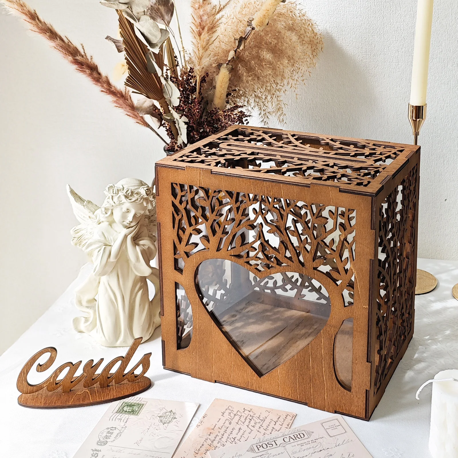 

Wooden Gift Card Box with Acrylic Window, Brown Honeymoon Fund Money Box, Rustic Decor for Wedding Reception & Birthday Party