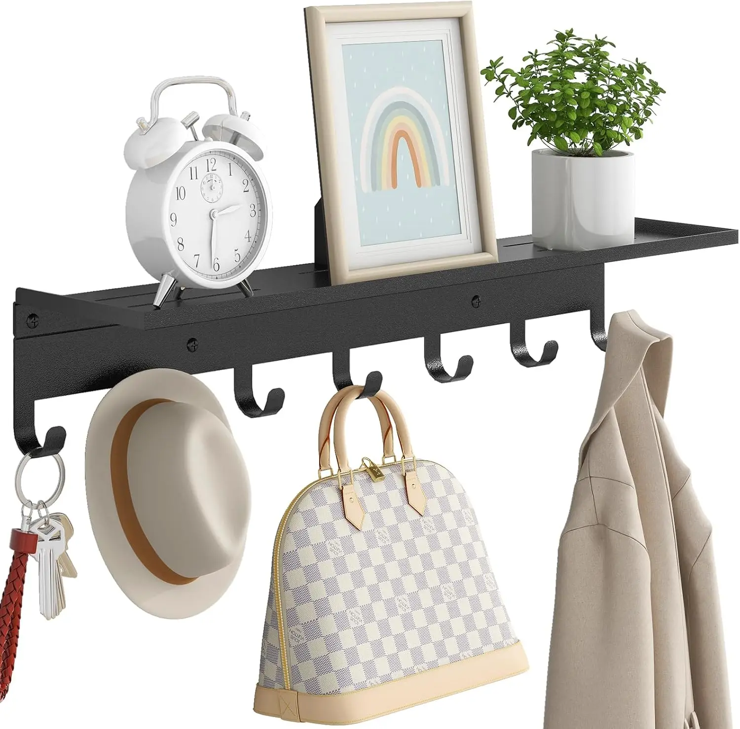 

23 Inch Wall Mounted Coat Rack with Shelf and 7 Hooks for Clothes, Bags, Purse in Living Room, Balcony, Closet - Black