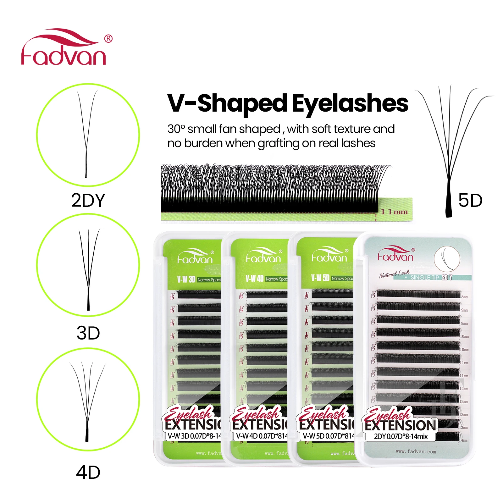 FADVAN V-Form Wimpern 2D 3D 4D 5D W Wimpernverlängerung Matt Schwarz D-Curl 8-15MM Schmal gefächerförmige Wimpern für professionelle Salons
