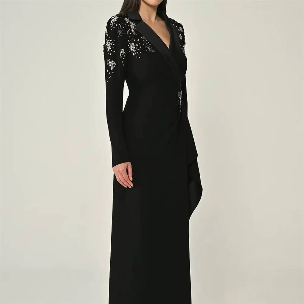 Abito da sera semplice personalizzato in jersey nero Abito da festa classico con maniche lunghe con scollo a V Abiti da ballo lunghi fino al pavimento di alta qualità