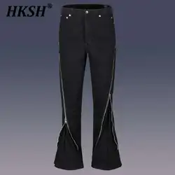 HKSH Men's Tide Streetwear Jeans RO Style Women's Autumn Winter Urban Spiral Track Twisted Large Zipper Dark Denim Pants HK1407