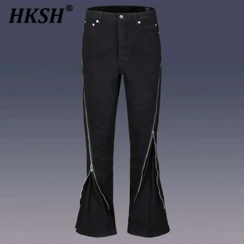 HKSH Męskie jeansy Tide Streetwear Jeans RO Style Damskie jesienno-zimowe miejskie spiralne spodnie z dużym zamkiem błyskawicznym HK1407