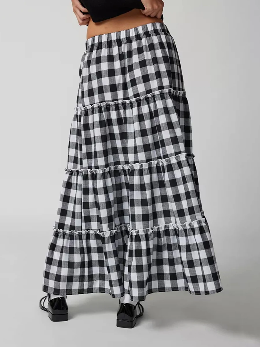 Kobiety w kratę z długa spódnica warstwową z niską talią w kratkę w kratkę i linię długa spódnica z falbanami luźna huśtawka w stylu Vintage