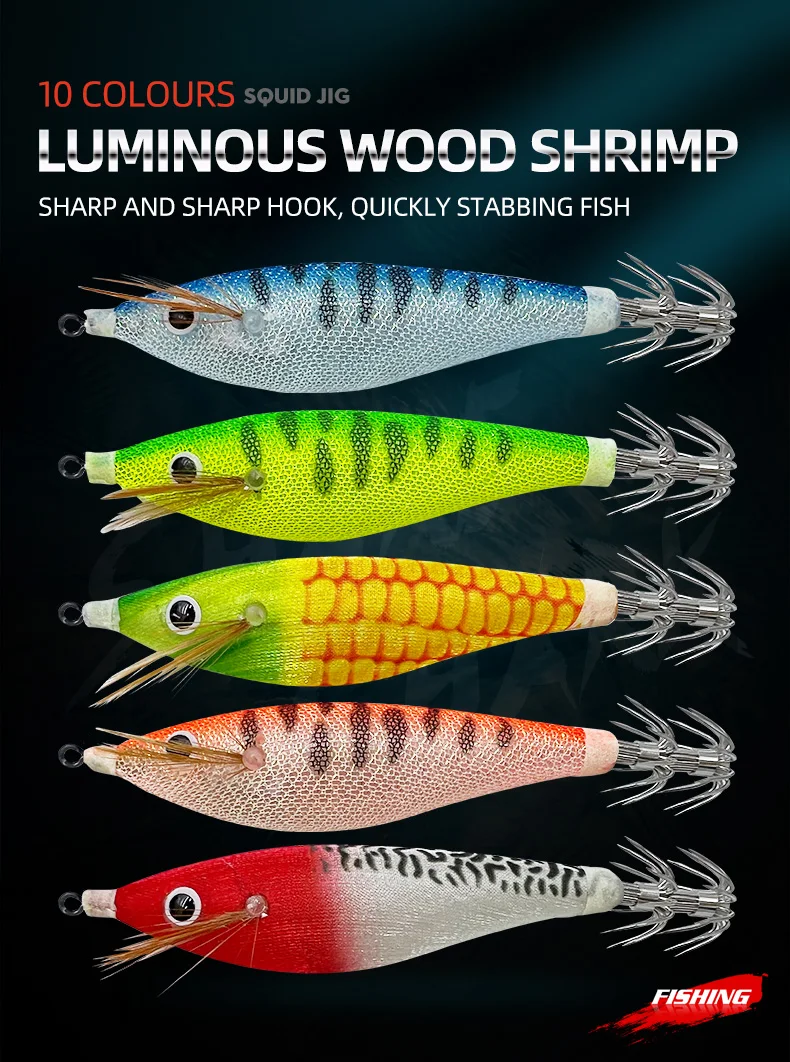 ShareShark 5/10 Stück Leuchtende Holz-Garnelen-Tintenfisch-Haken 10cm/10g Horizontale Garnelen-Angelköder Künstlicher Rundbauchköder – Detail 1