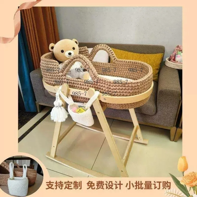 2025 Baby Cradle Handwoven Beige Crochet Bassinet Portable Moses Basket Newborn Lounger with Wooden Stand and Soft Mattress