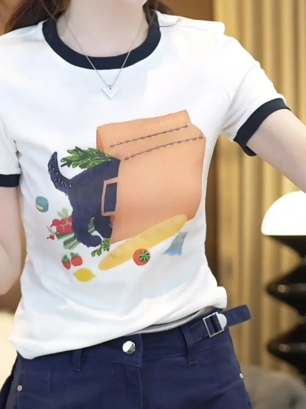 Camiseta de Verano Coreana para Mujer, Estilo Informal, Versátil, con Estampado de Bloques de Color, Antienvejecimiento, Moderna y a la Moda