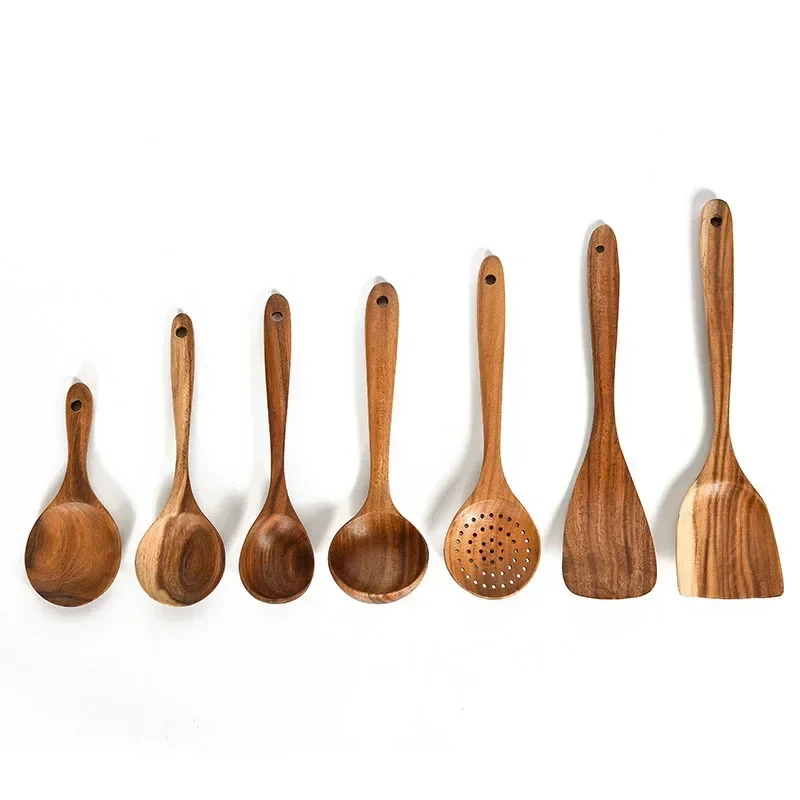 Wooden Kitchen Spoon Long Rice Colander Soup Skimmer Cooking Soup Spoons Scoop Kitchen Tool Thailand Teak Natural Wood