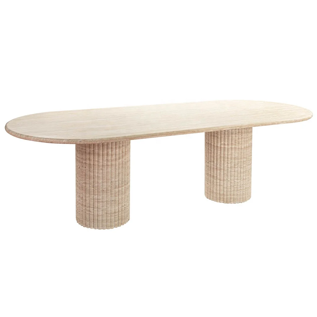 8 Seater Customized Natural Stone Fluted Oval Beige Travertine Dining Table For Villa Home