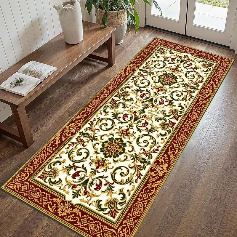 VIKAMA French Rose Carpet, Non-Slip Long Strip Corridor Floor Mat, European Floral Bedside Rug for Home Decoration