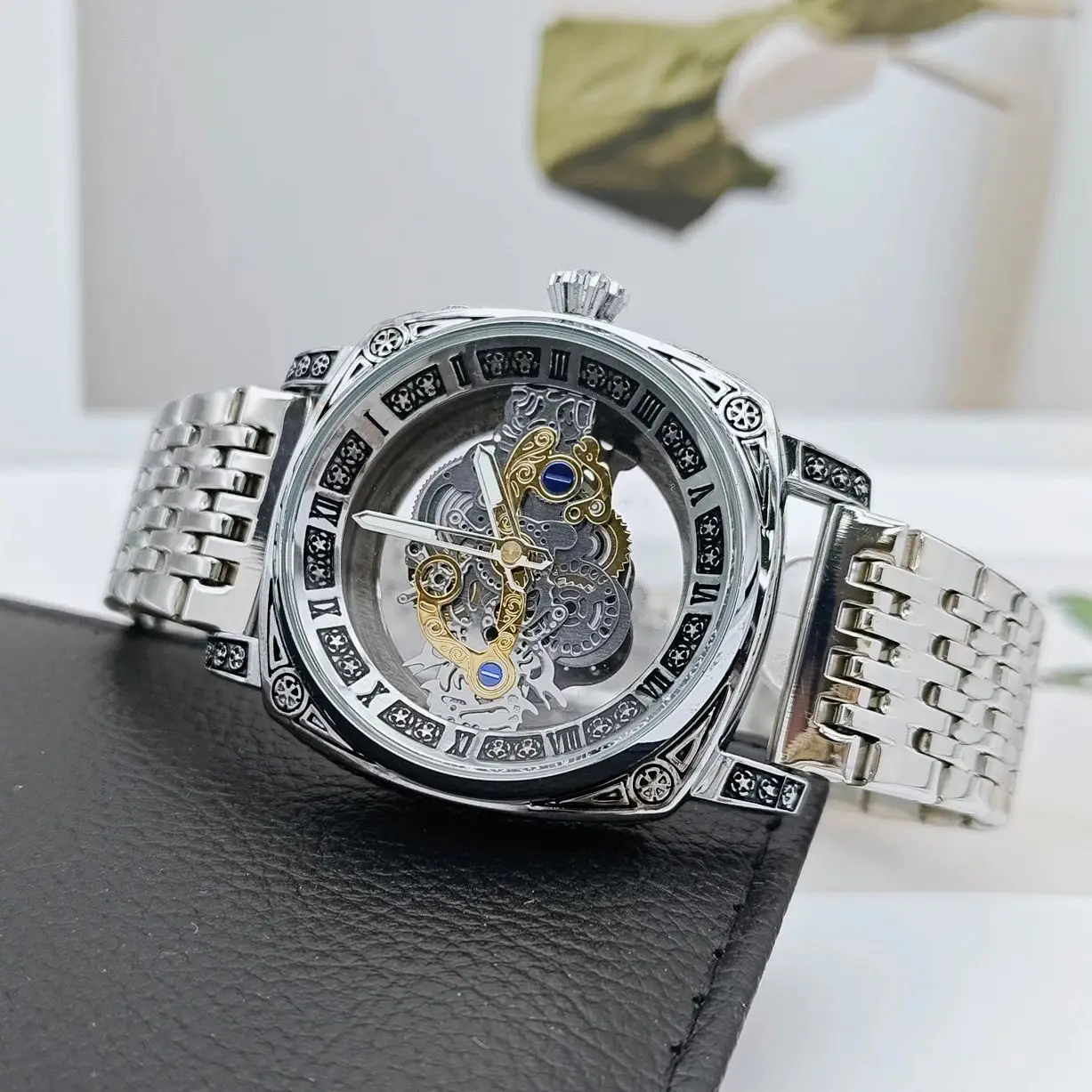 ساعة رجال الأعمال الفاخرة الراقية، تصميم مربع مجوف على الوجهين، مضيئة، مقاومة للماء، ساعة كوارتز، ساعة رجالية عصرية كاجوال بسيطة وأنيقة، طراز أوروبي وأمريكي #2