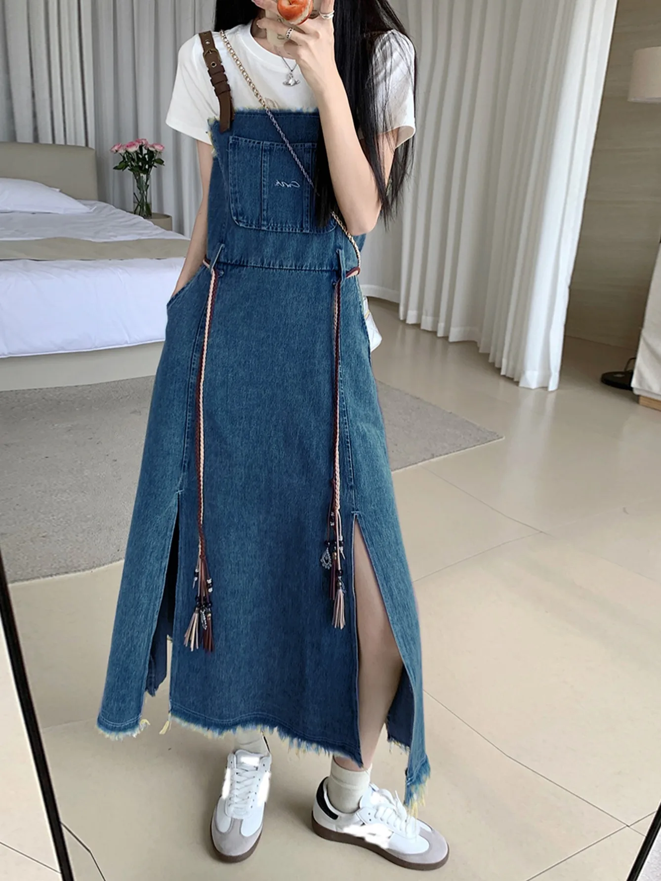 SML Women Loose Ladies Vintage Long Denim Dress Female Tassel Split Spaghetti Strap Long Jeans Denim Dresses Female (L8990