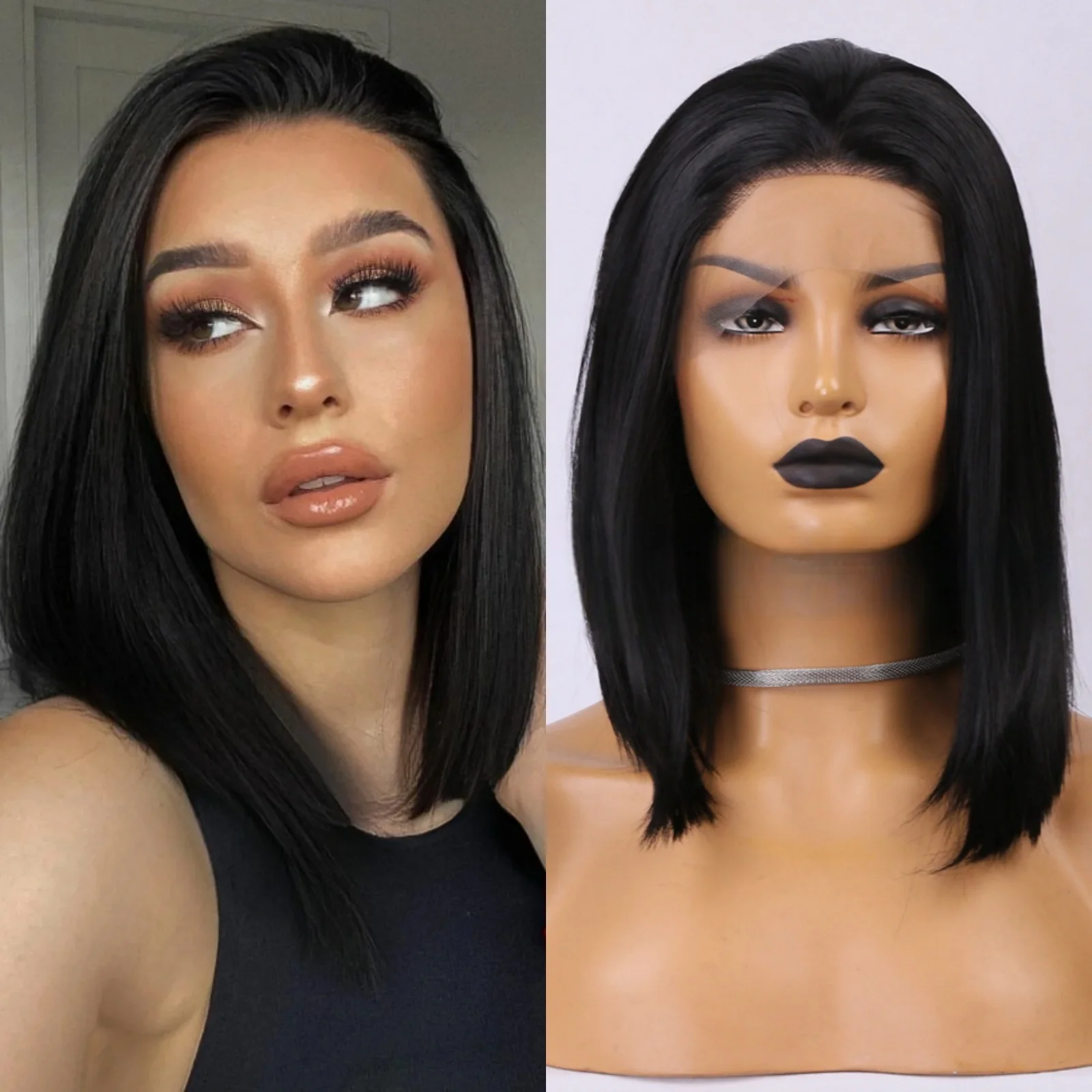 

13X4 Black Bob Wig Straight Synthetic Lace Front Wig Shoulder Length Short Black Bob Hair Lace Frontal Wigs for Women Daily Use