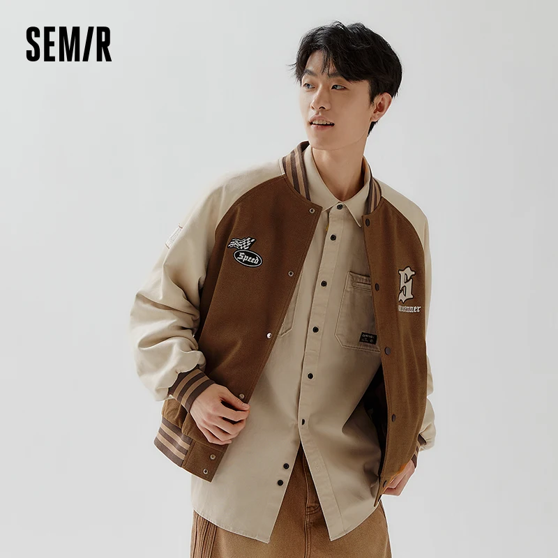 

Semir Jacket Men Autumn Retro College Style Faux Suede Baseball Jacket Color Block Patchwork Loose Embroidered Top