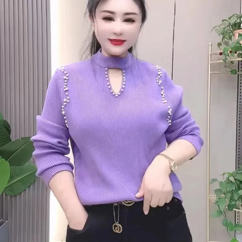 

Elegant Women's Knit Blouse With Beaded Details And Keyhole Neckline For Office Wear