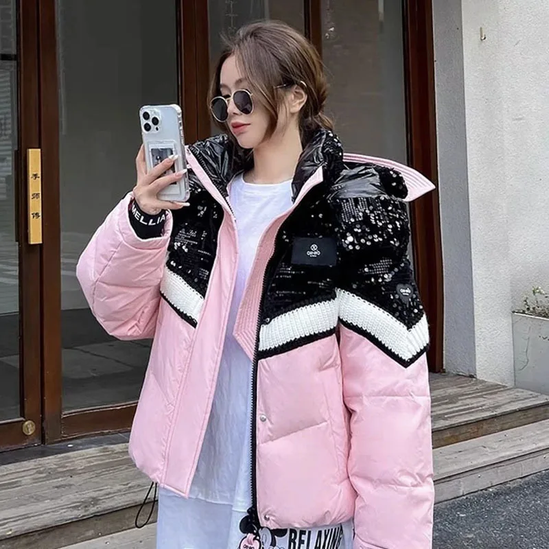 Spleißen Pailletten kurze Daunen jacke für Frauen 2024 Winter neue Mode Streetwear 90% Enten Daunen mantel