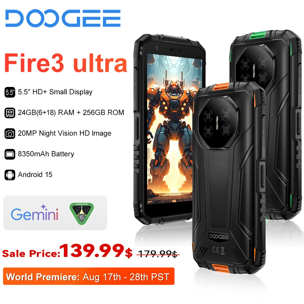 Мировая премьера: сверхзащищенный телефон DOOGEE Fire 3 с 5,5-дюймовым HD-дисплеем, 24 ГБ ОЗУ, 256 ГБ ПЗУ, портативный телефон, 8350 мА·ч, Android 15, NFC Мировая премьера: сверхзащищенный телефон DOOGEE Fire 3 с 5,5-дюймовым HD-дисплеем, 24 ГБ ОЗУ, 256 ГБ ПЗУ, портативный телефон, 8350 мА·ч, Android 15, NFC