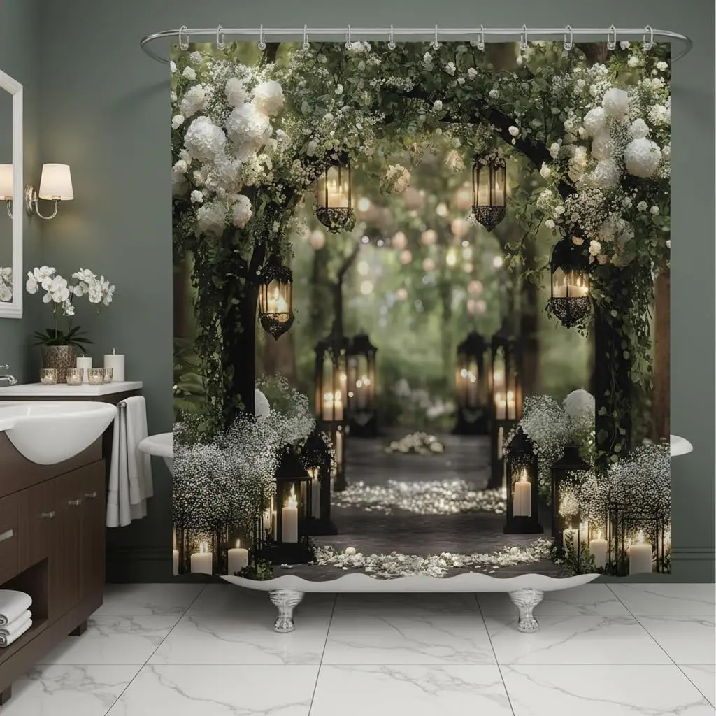 

Spring Forest Shower Curtain Enchanted Garden Wisteria Arch Garland Gate Dream Wedding Scene Bath Decor Polyester Curtains