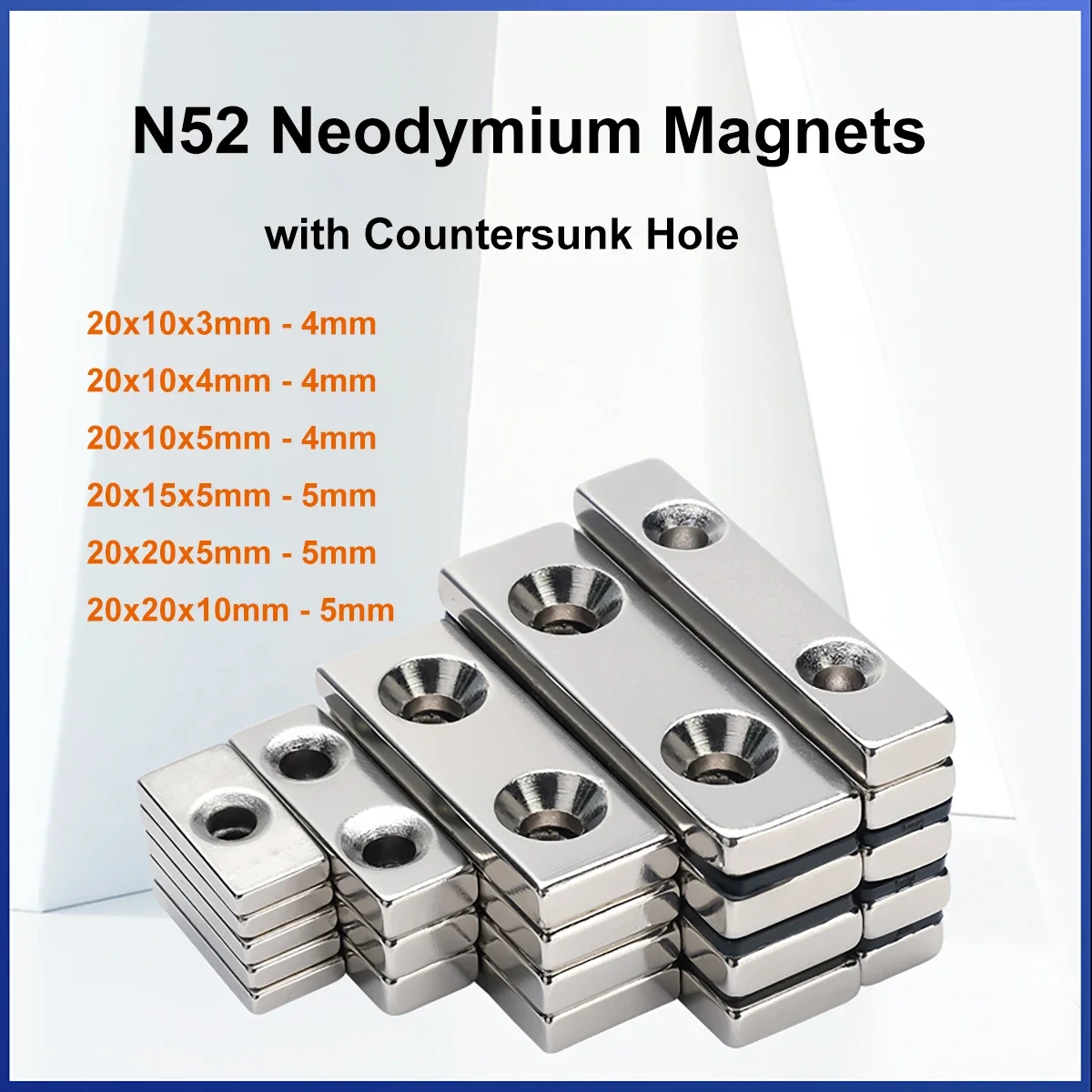 N52 NdFeB Neodymium Magnets with Countersunk Hole 20x10/15/20mm Super Strong Permanent Magnetic Square Rectangle Fridge Magnet