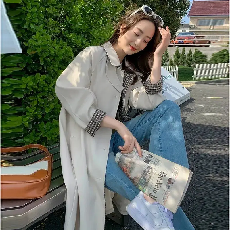 Elegant Plaid Lapel Long Windbreaker Women Fashion Single Breasted Full Sleeve Solid Coat 2024 Autumn Lady High Street Outwear