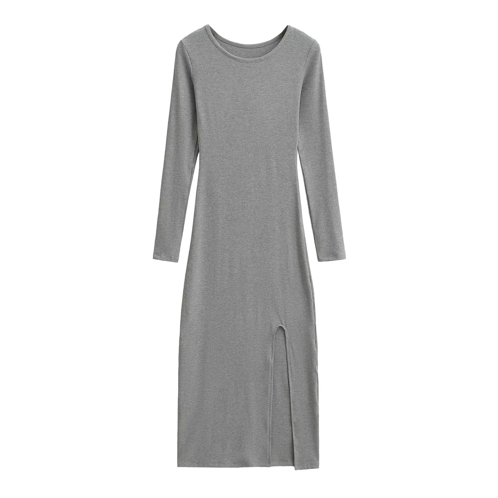 

Spring Long Sve round Ne Dr Women Slim Fit Bodycon Skirt High Slit Ele Sle Casual Pure Desire Sle Long Dr