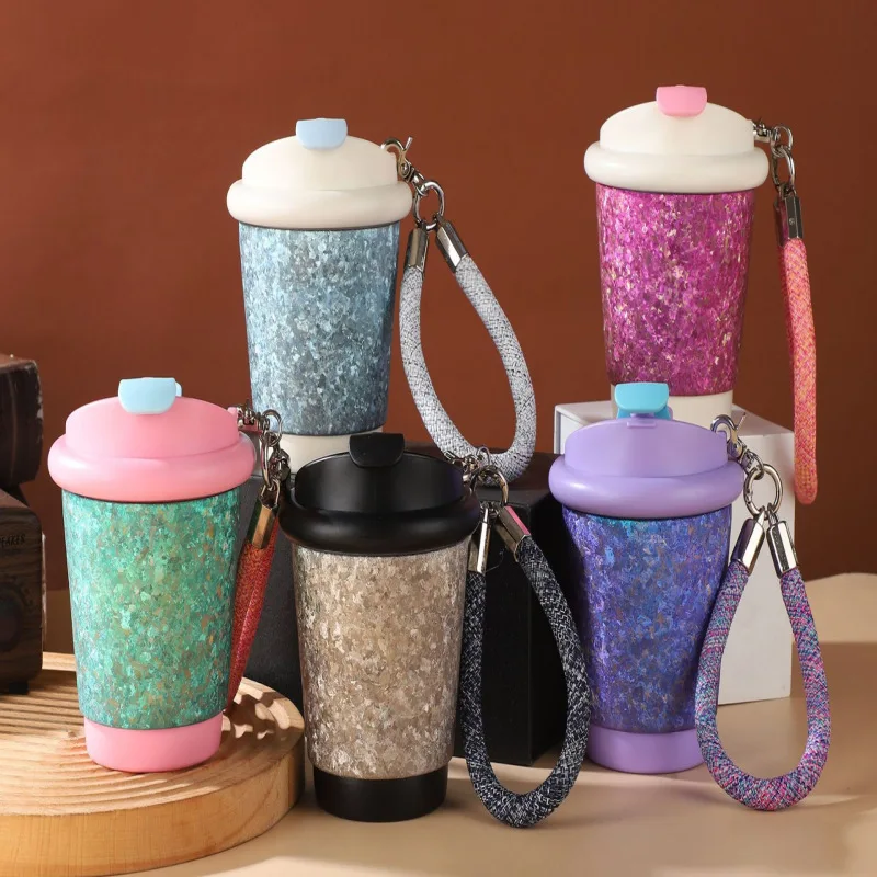 

350ml mini women's coffee thermos cup with straw and handle,double-layer pure titanium,crystalline surface layer water bottle