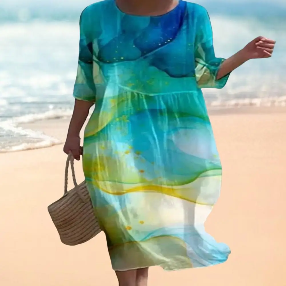 

Half Sleeve Round Neck Dress Floral Print A-line Midi Dress for Women Long Sleeve Pullover Vacation Beachwear Loose Fit Round