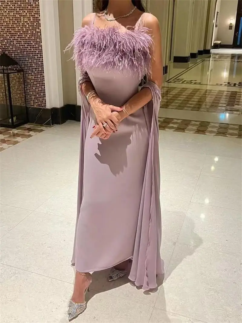 Customized Lilac Chiffon Mermaid Formal Evening Dresses with Jacket Strapless Feathers Saudi Arabic Women Long Party Prom Dress