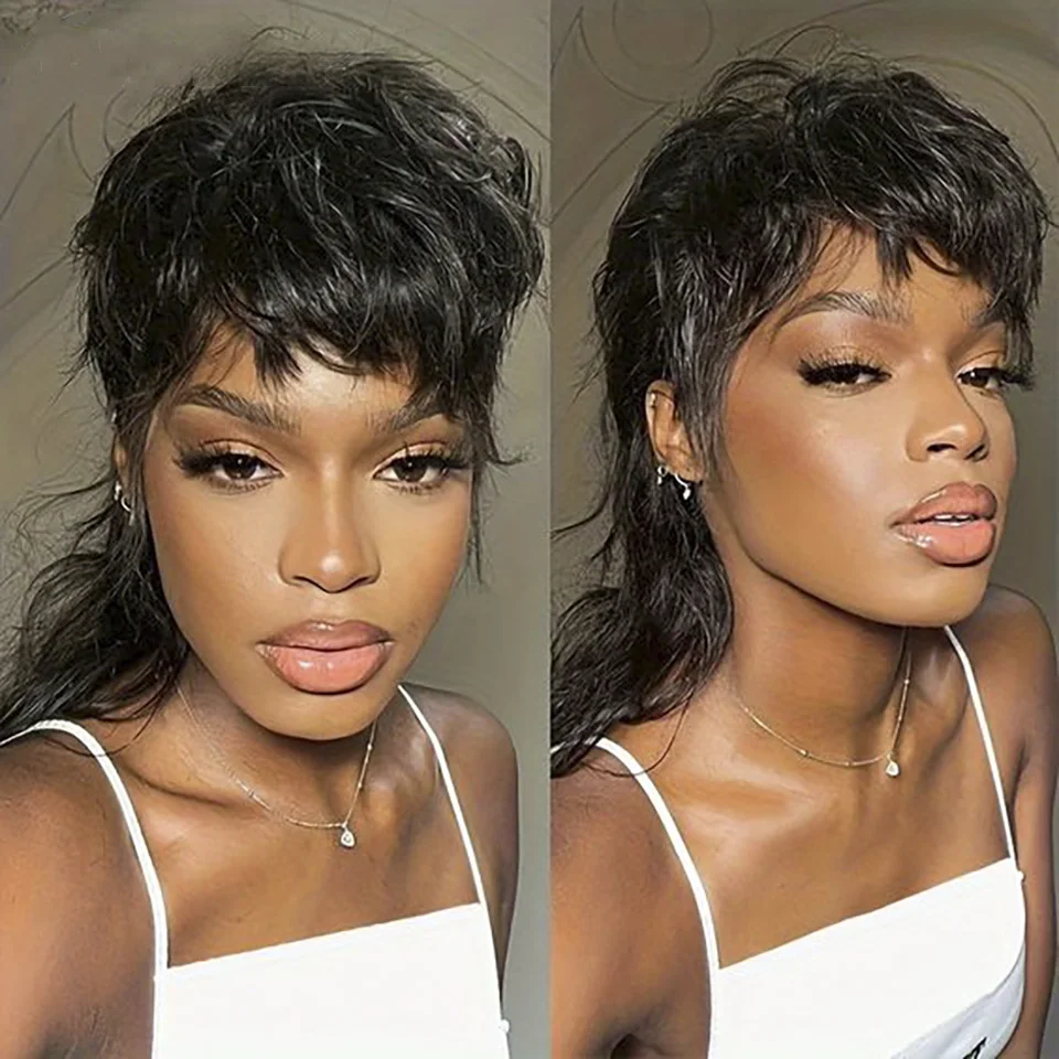 Mullet Cut Bob Short Pixie Human Hair Wigs With Bangs For Women Brazilian Remy Hair Glueless Natural Wolf Cut Cosplay Wig