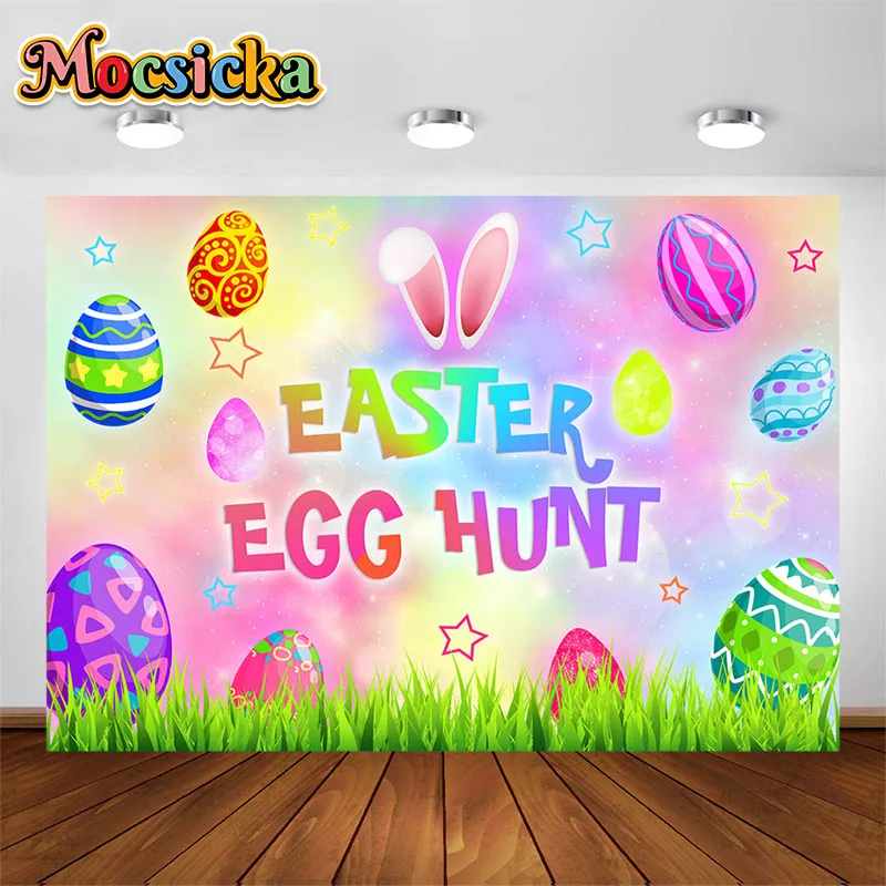 Mocsicka conejito de Pascua huevo caza fotografía telón de fondo lindo colorido impreso decoración fondo niños adultos retrato foto accesorios