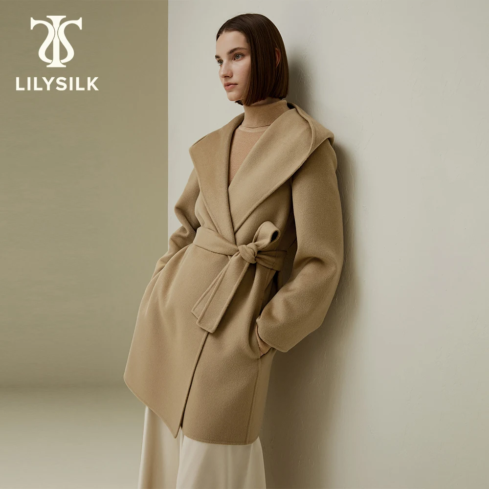 LILYSILK Cashmere Wool Blend Coat for Women 2023 Luxury Midi Hooded Outwear With Belt Elegant Winter Essentials Free Shipping