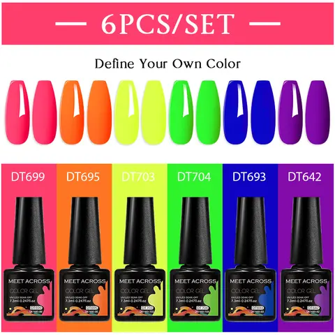 MEET ACROSS 6Pcs/Set 7.3ml Sparkly Fluorescent Gel Nail Polish Summer Glitter Neon Nail Art LED UV Gel Varnish Nail Supplies
