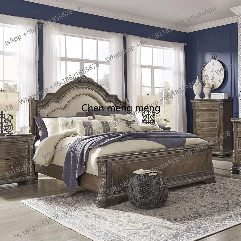 

Retro high-end cotton and linen backrest oak solid wood bed American rural light luxury 1.8 meters double bed