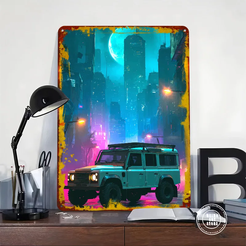 Cityscape With UK Car Rover Defender Tin Poster Customized Wall Art Retro Vintage Metal Signs for Fans Room Custom Plate House