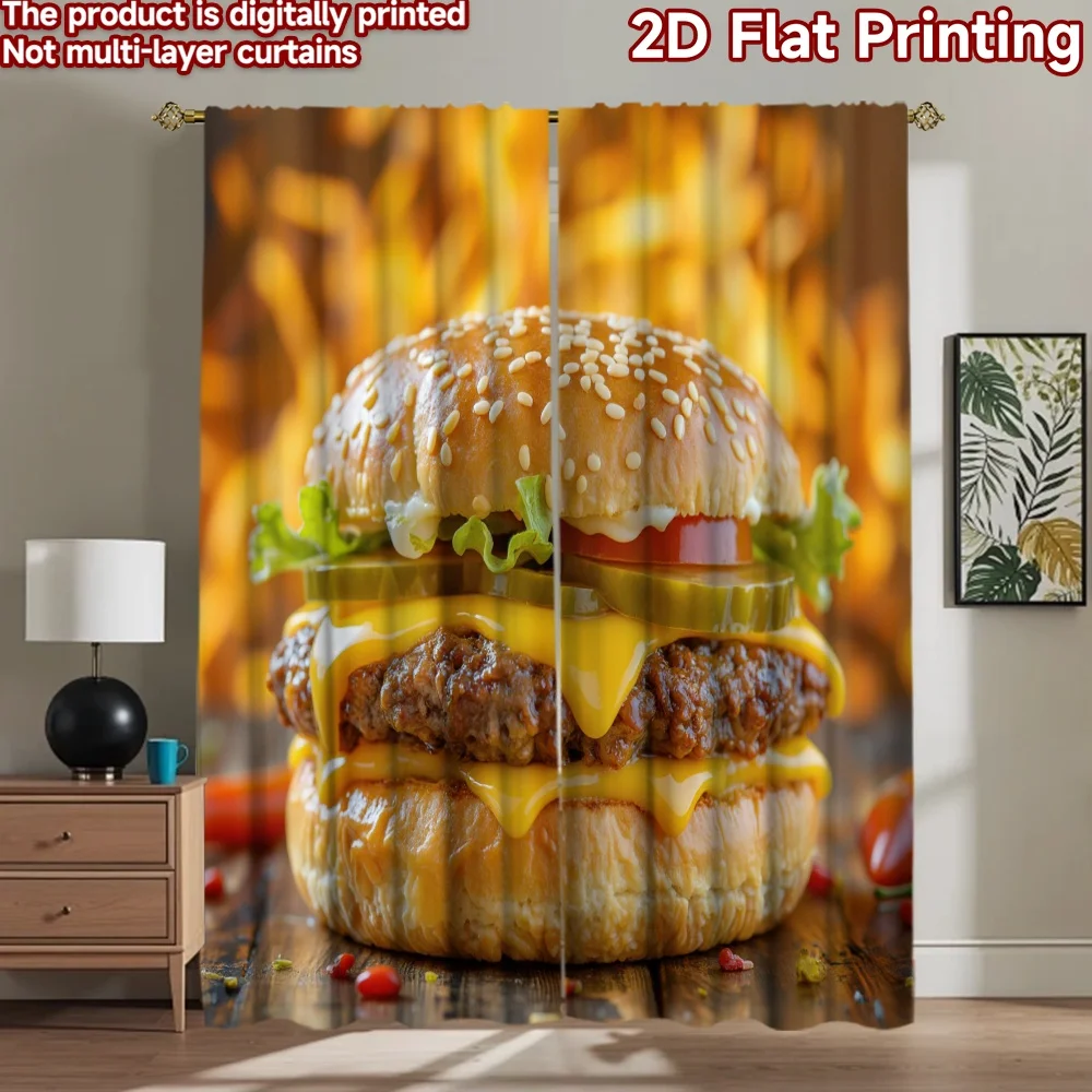 2D flat 2pcs Curtain Vintage drapes and curtains Cheeseburger with Flames Durable polyester fiber Holiday Decorations for