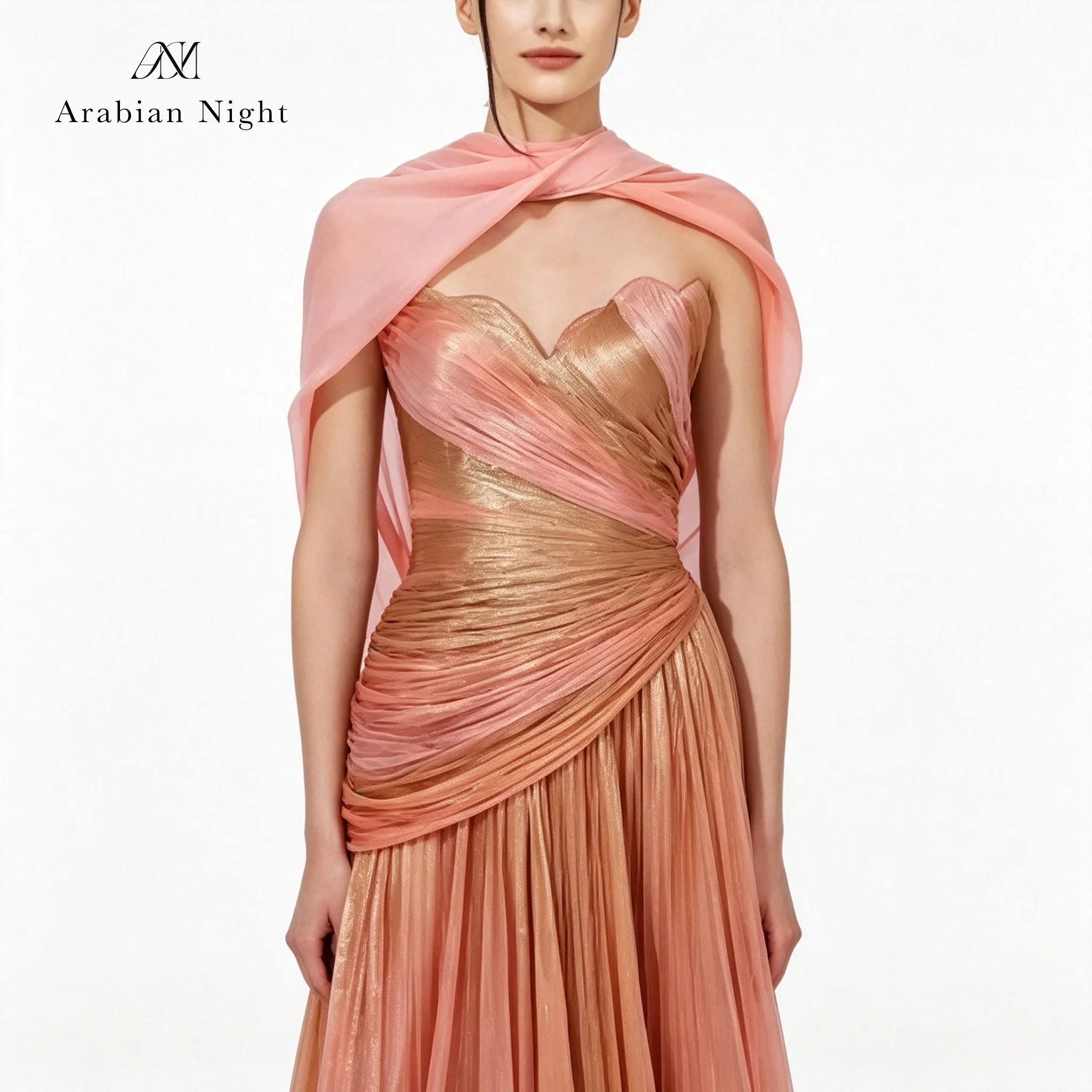 Orange Strapless Sleeveless A-Line Floor-Length Formal Ball Gown with Tie-Dye Pleated Belt and Small Shawl