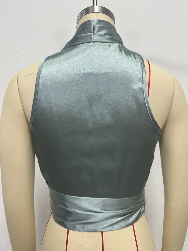 Women's Satin Sleeveless Halter Neck Tie Front Wrap Side Solid Color Slim Fit Blouse Tank Top for Women Clothing Female Fashion