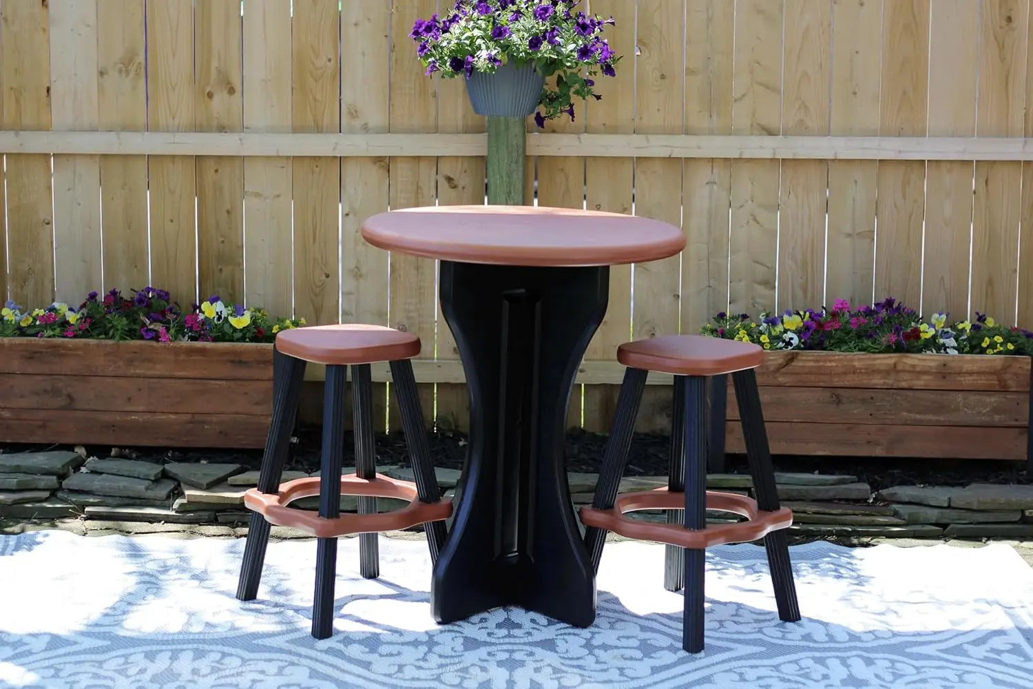 Patio Table Set Two Barstools Black Base Redwood Accents Perfect Outdoor Spaces Hardware Free Easy Assembly Proudly Made USA