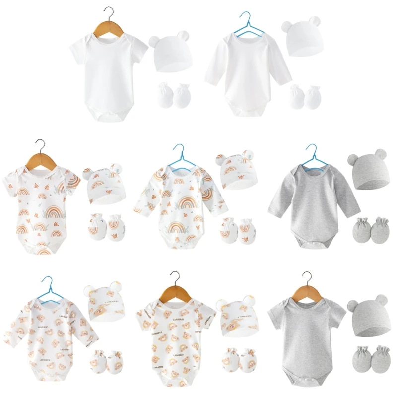 

Q0KB Soft Baby Hat & Romper with Scratch Resistant Mittens Baby Clothing Set Newborns Hat with Bodysuit & Hand Cover Gift