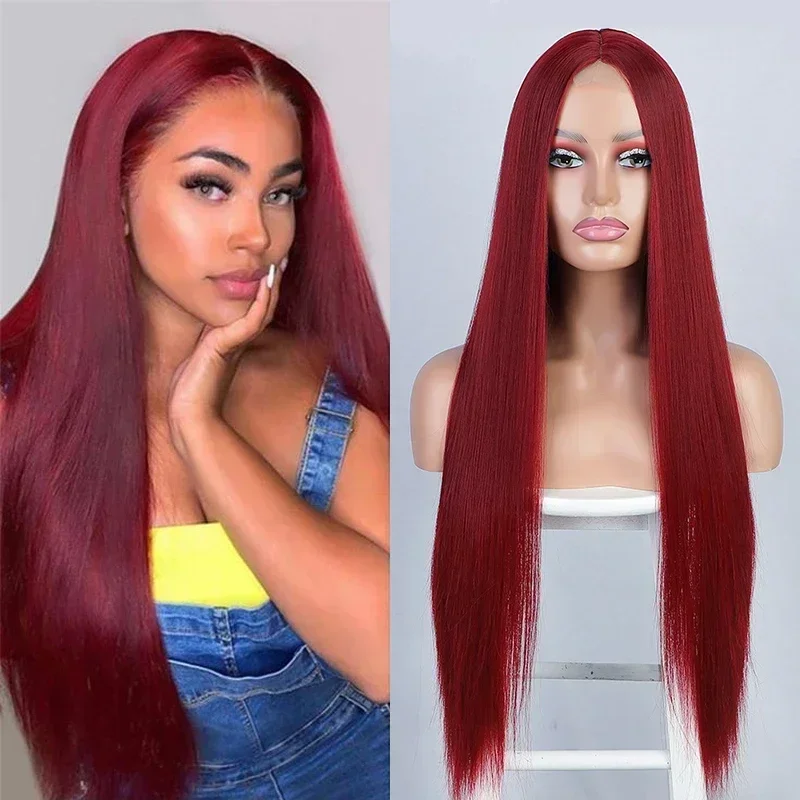 

Wine Red Long Straight Wigs for Women 32inch Natural Middle Part Burgundy Wig Synthetic Cosplay Wig Heat-Resistant Fiber Hair